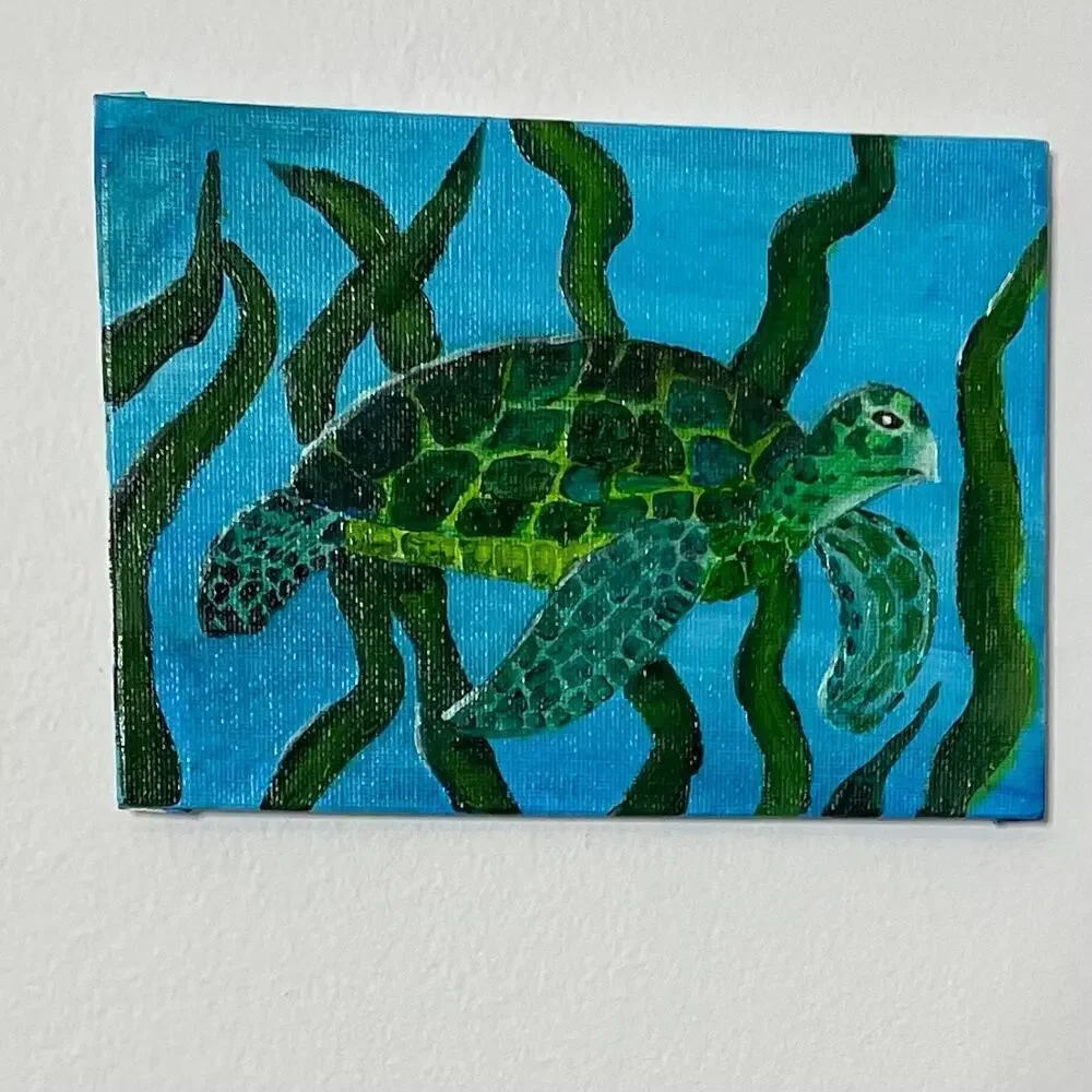 Handmade acrylic painting sea turtle seaweed 5X7 blue green